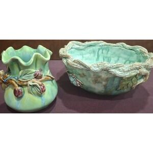 Handmade Ceramic Floral/Nautical Green/Blue Vase & Bowl Made in Mexico